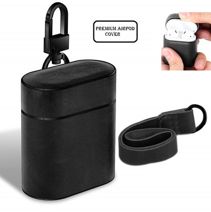 LiKGUS for Apple AirPods Case Leather Protective Cover with Metal Clasp and Lanyard (Black)