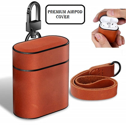 LiKGUS for Apple AirPods Case Leather Protective Cover with Metal Clasp and Lanyard (Brown)