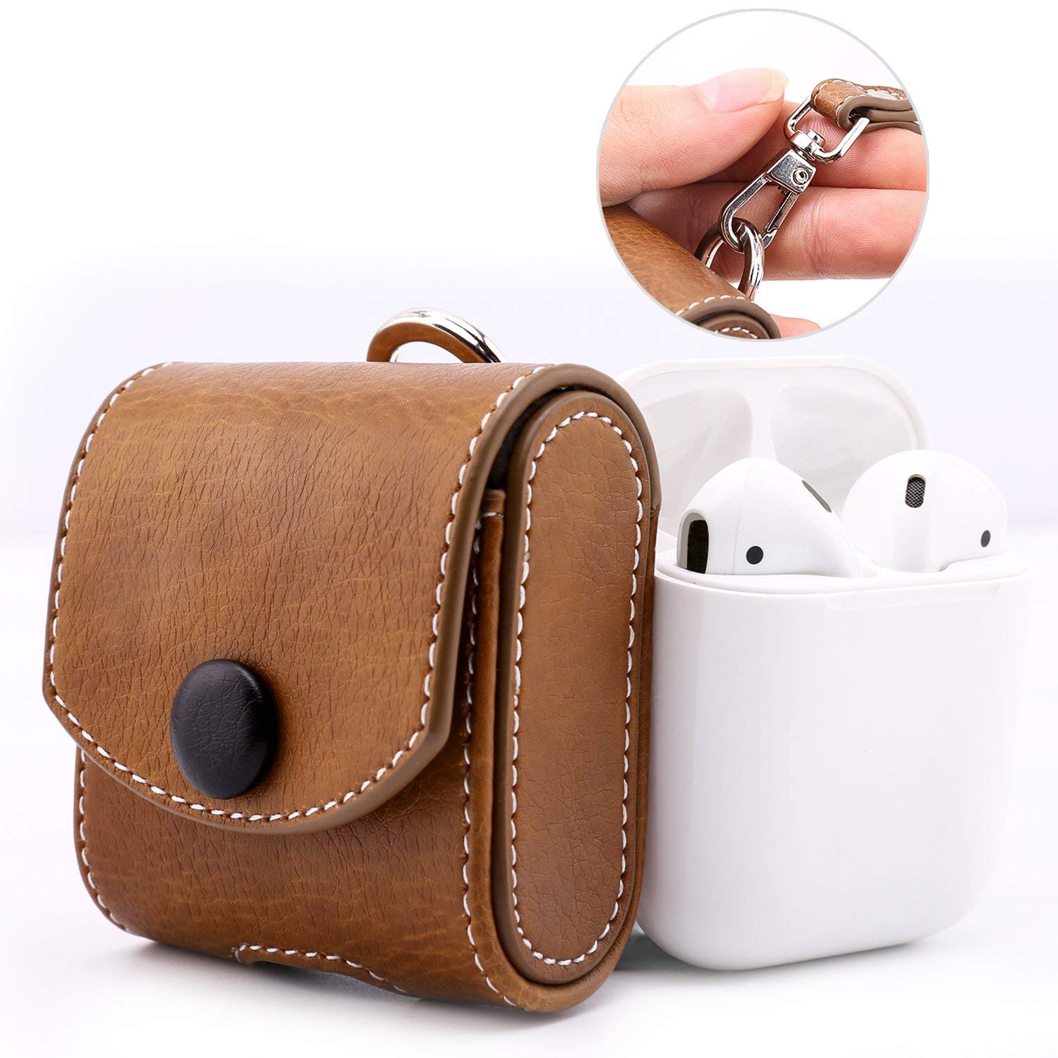 LiKGUS for Apple AirPods 1 & 2 Case Snap Closure Leather Protective Cover with Holding Strap (Brown)