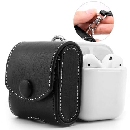 LiKGUS for Apple AirPods 1 & 2 Case Snap Closure Leather Protective Cover with Holding Strap  (Black)