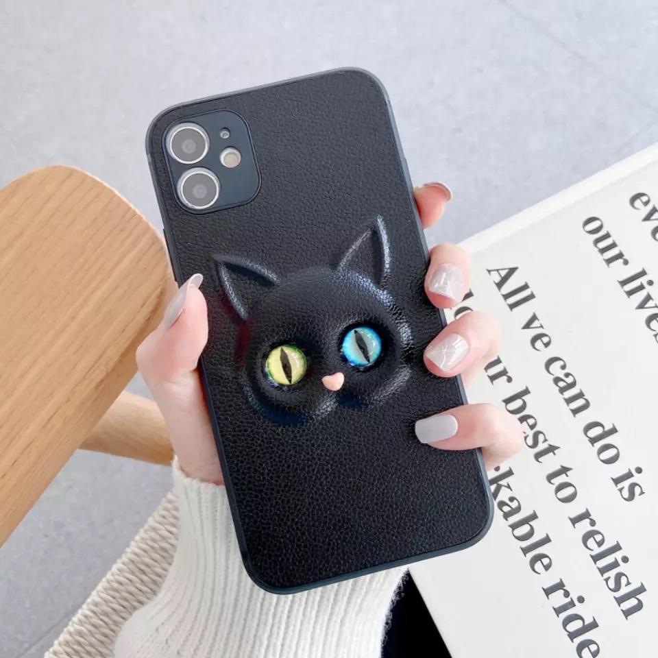 iPhone 12 Cute Cat 3D Cartoon Multicolor Eyes Leather PU Case Back Cover