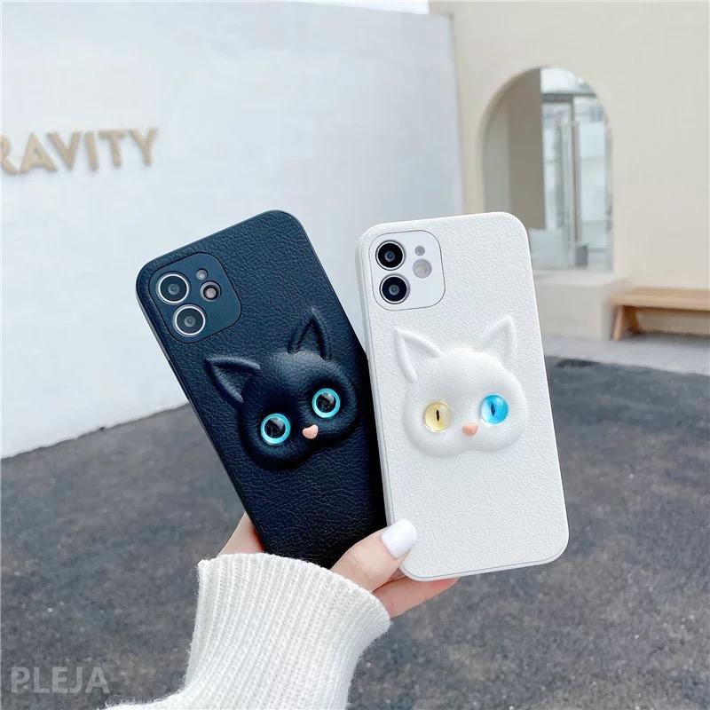 iPhone 13 Pro Max Cute Cat 3D Cartoon Multicolor Eyes Leather PU Case Back Cover